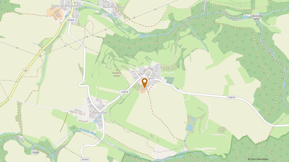 Mapa okolí provozovny v Pohnání; navigace na adresu Pohnání 44