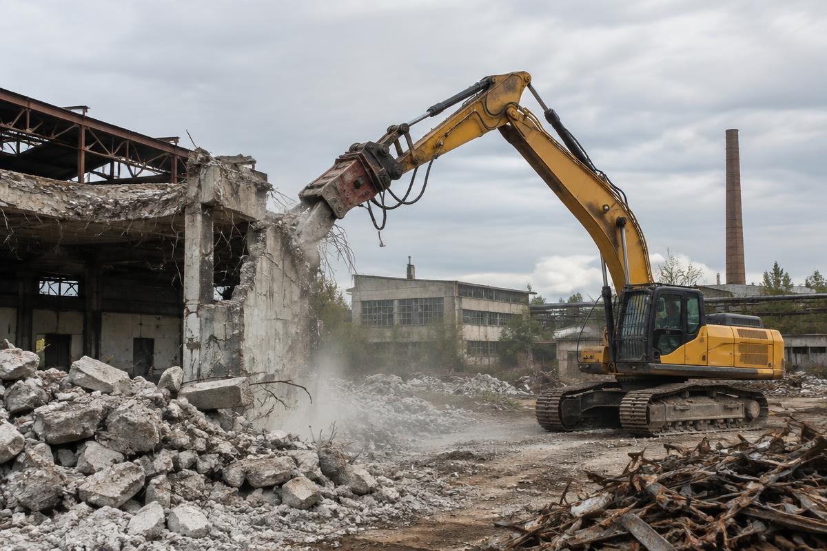 Strojní demolice průmyslové budovy rypadlem s demoličním nástrojem